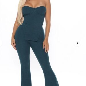 Green Strapless Top Pant Set | Call My Name Ribbed Pant Set - Hunter